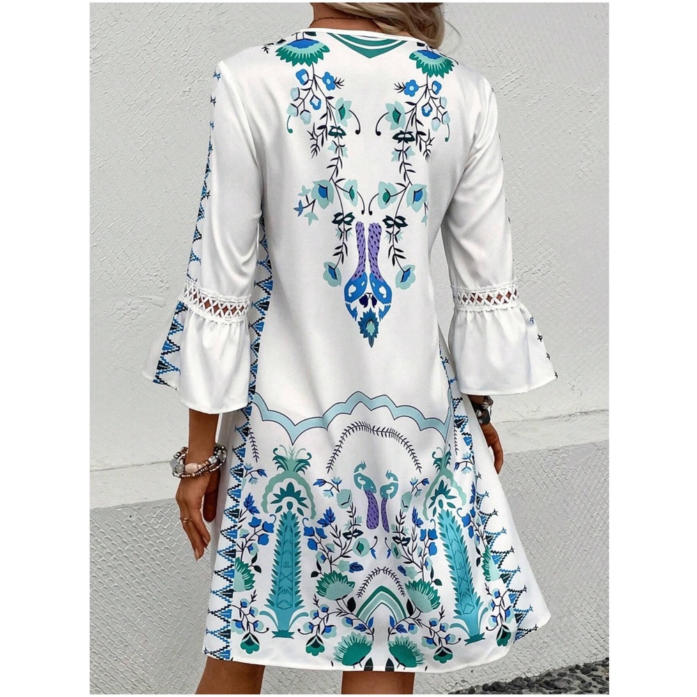Boho Floral Print Lace Ruffle Sleeve Dress - Picture 5 of 5